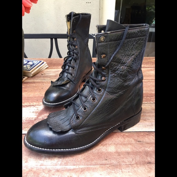 Vintage 100% Genuine Leather Lace up Boot Justin Women’s Black - Picture 4 of 15